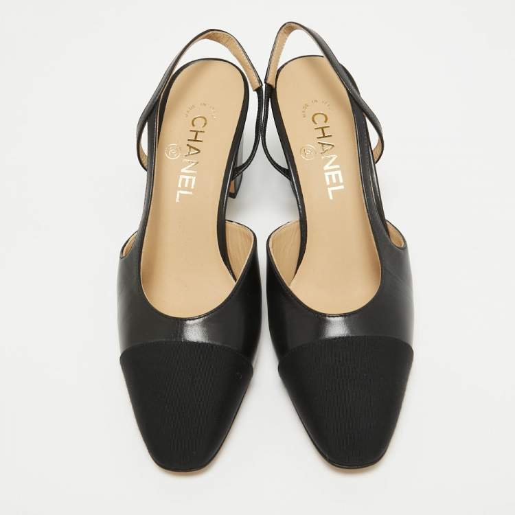 Pre Owned Chanel Black Leather and Fabric Cap Toe CC Slingback Pumps Size 39