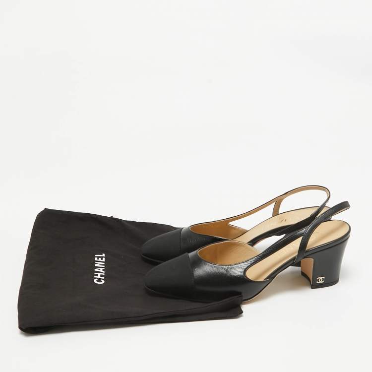 Pre Owned Chanel Black Leather and Fabric Cap Toe CC Slingback Pumps Size 39