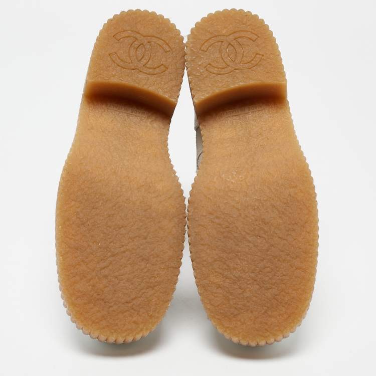 Pre Owned Chanel Grey/White Leather and Suede Combat Boots Size 37.5