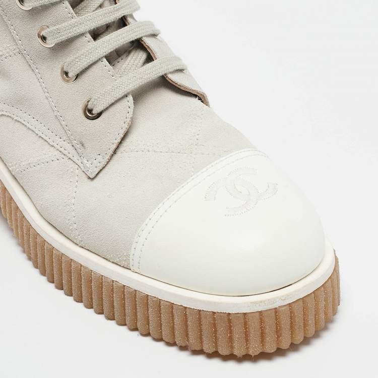 Pre Owned Chanel Grey/White Leather and Suede Combat Boots Size 37.5