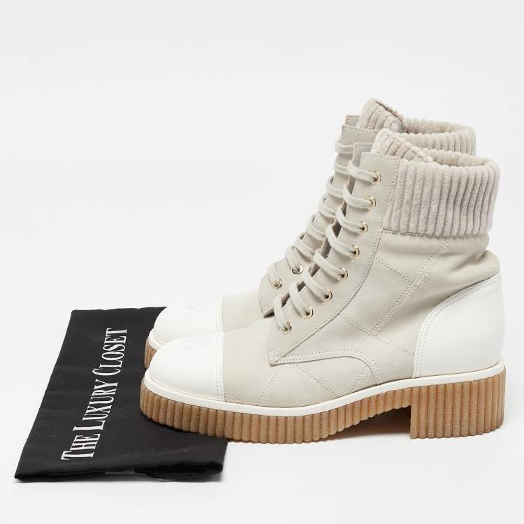 Pre Owned Chanel Grey/White Leather and Suede Combat Boots Size 37.5
