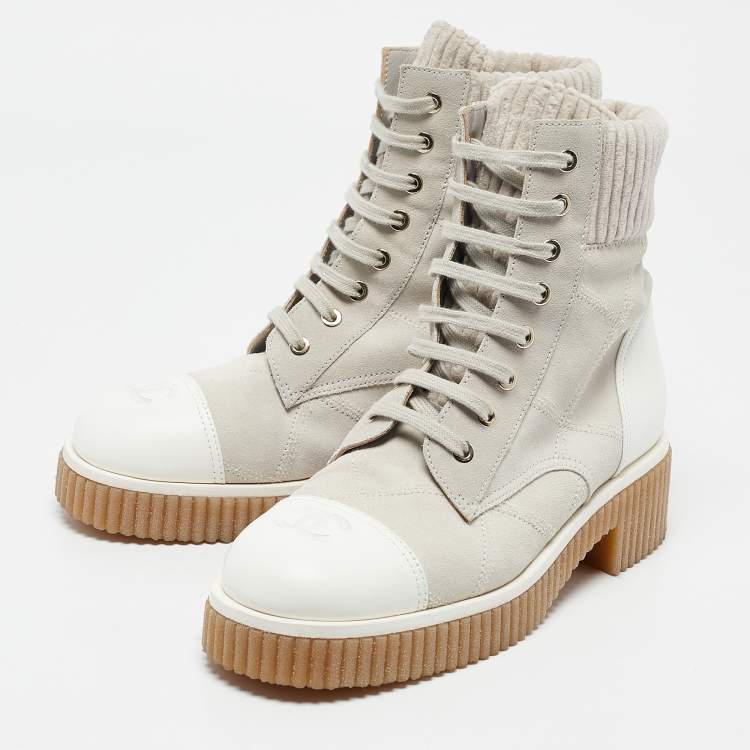 Pre Owned Chanel Grey/White Leather and Suede Combat Boots Size 37.5