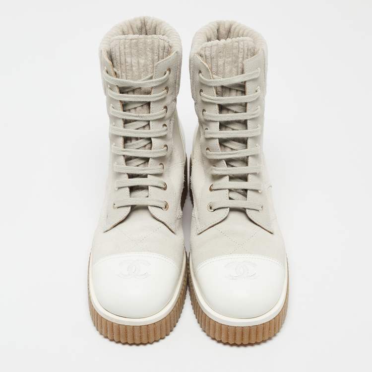 Pre Owned Chanel Grey/White Leather and Suede Combat Boots Size 37.5
