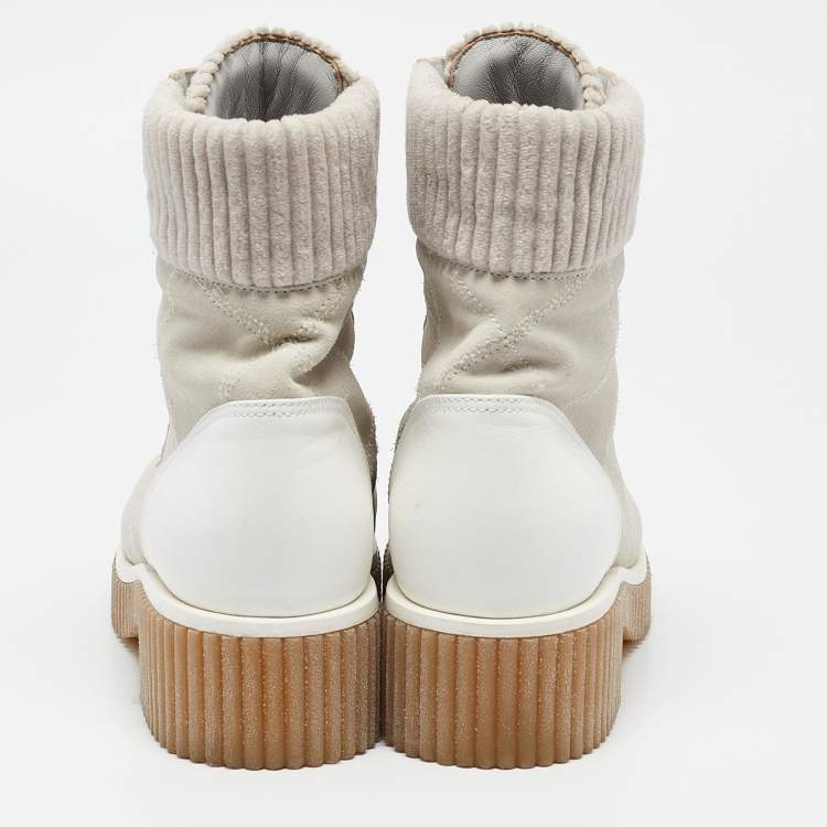 Pre Owned Chanel Grey/White Leather and Suede Combat Boots Size 37.5