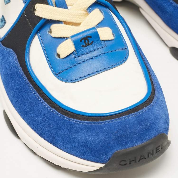Pre Owned Chanel Blue/White Suede and Neoprene CC Low Top Sneakers Size 36
