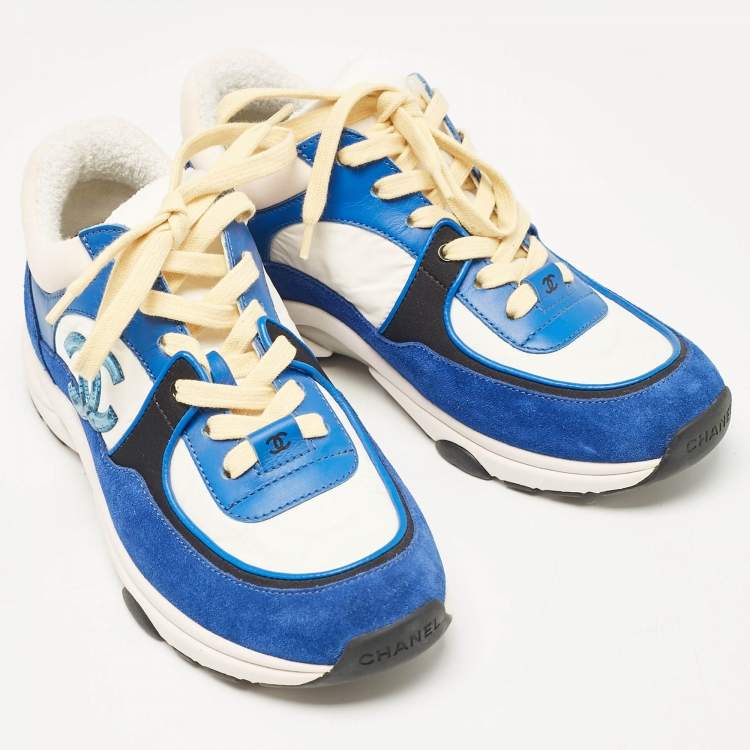 Pre Owned Chanel Blue/White Suede and Neoprene CC Low Top Sneakers Size 36