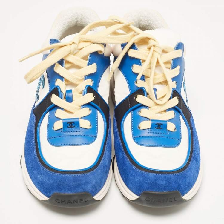 Pre Owned Chanel Blue/White Suede and Neoprene CC Low Top Sneakers Size 36
