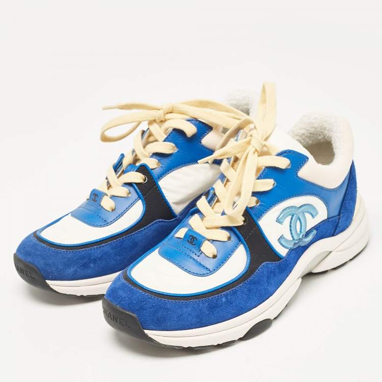 Pre Owned Chanel Blue/White Suede and Neoprene CC Low Top Sneakers Size 36