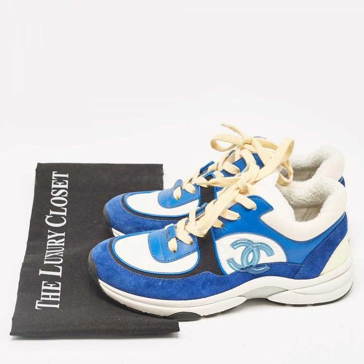 Pre Owned Chanel Blue/White Suede and Neoprene CC Low Top Sneakers Size 36