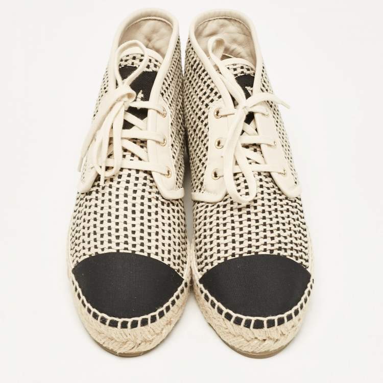 Pre Owned Chanel Beige Woven Canvas and Grosgrain CC High Top Sneakers Size 36