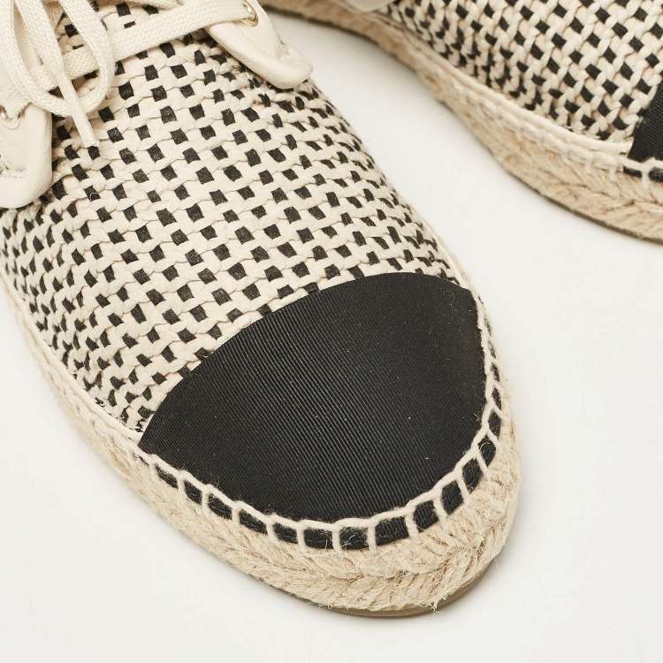 Pre Owned Chanel Beige Woven Canvas and Grosgrain CC High Top Sneakers Size 36