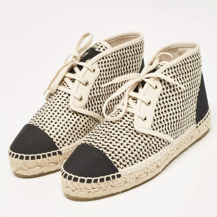 Pre Owned Chanel Beige Woven Canvas and Grosgrain CC High Top Sneakers Size 36