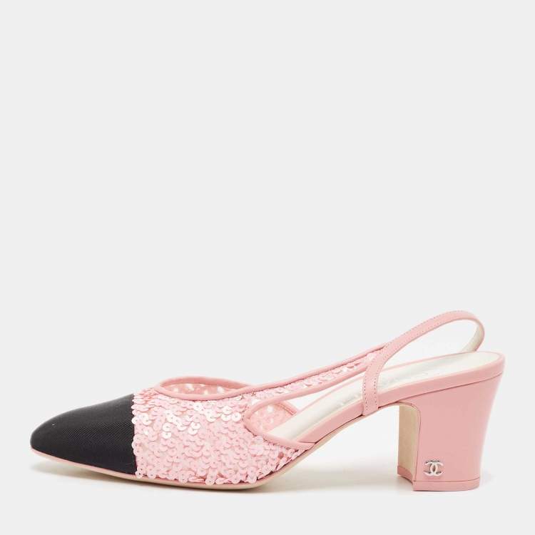 Chanel Pink/Black Canvas and Sequins CC Slingback Pumps Size
