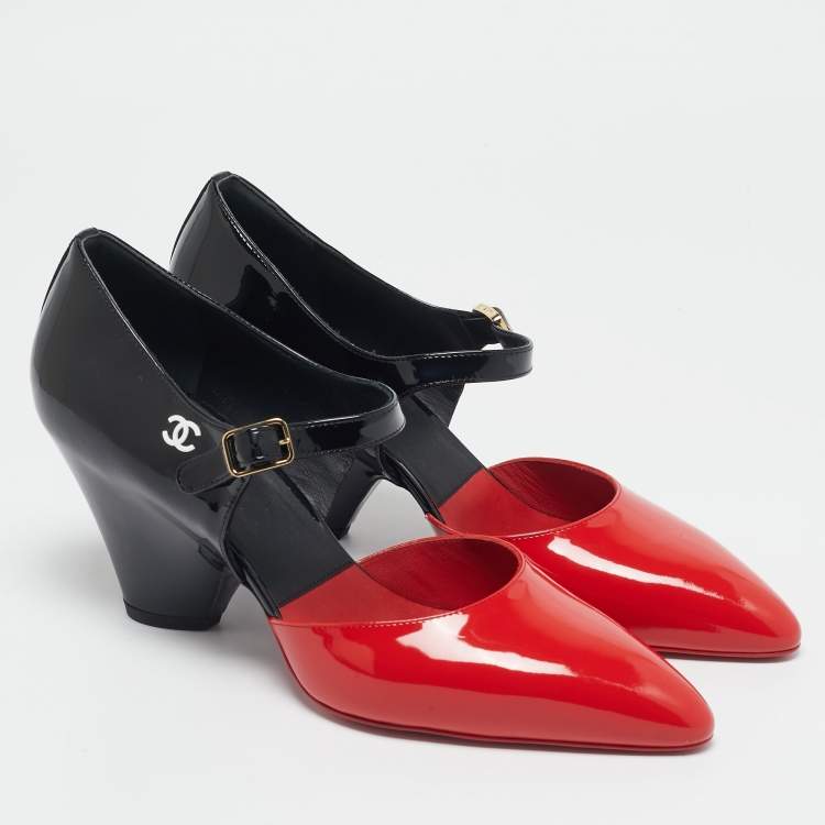 Pre Owned Chanel Red/Black Patent Leather Mary Jane Wedge Pumps Size 41