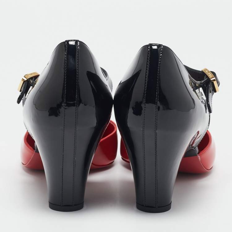 Pre Owned Chanel Red/Black Patent Leather Mary Jane Wedge Pumps Size 41