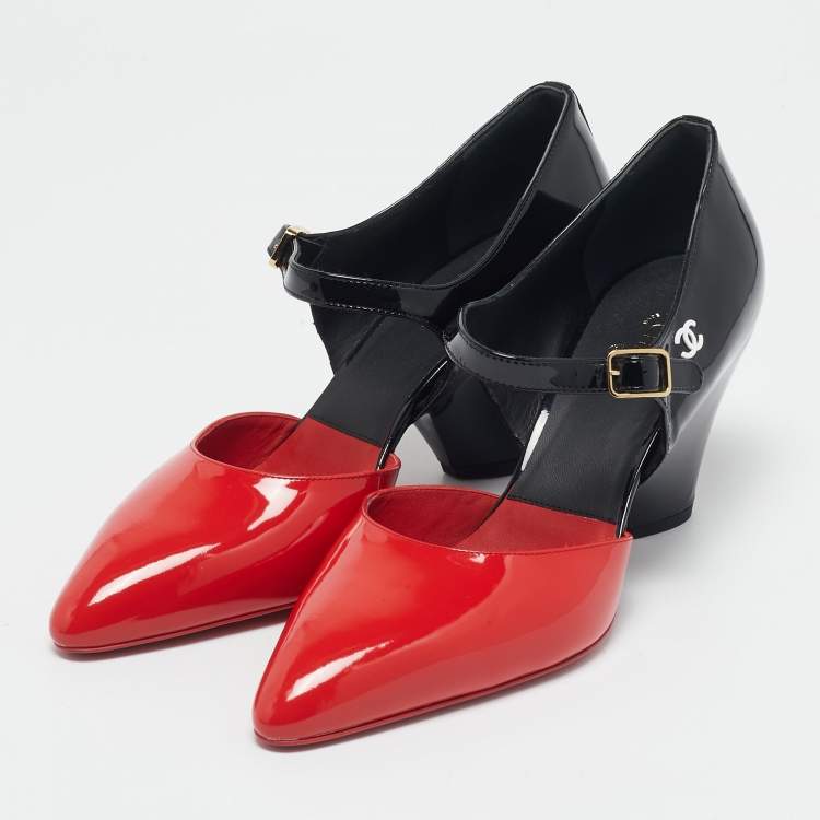 Pre Owned Chanel Red/Black Patent Leather Mary Jane Wedge Pumps Size 41