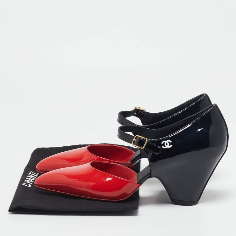 Pre Owned Chanel Red/Black Patent Leather Mary Jane Wedge Pumps Size 41