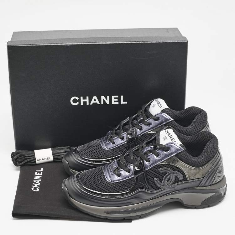 Pre Owned Chanel Tricolor Leather Perforated and Mesh CC Lace Up Sneakers Size 38
