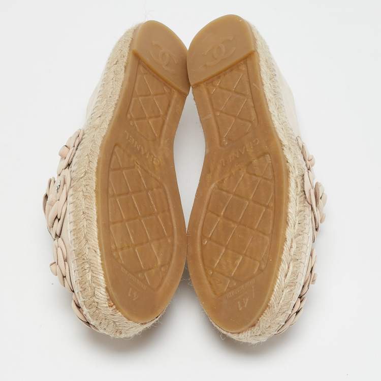 Pre Owned Chanel Light Beige Nubuck Leather CC Camellia Espadrille Flats Size 41