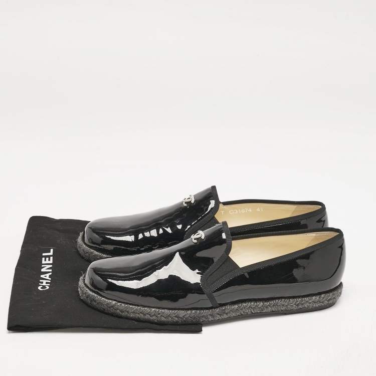 Pre Owned Chanel Black Patent Leather CC Espadrille Loafers Size 41
