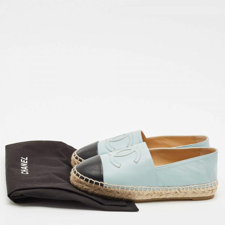 Pre Owned Chanel Blue/Black Leather CC Cap Toe Espadrille Flats Size 36