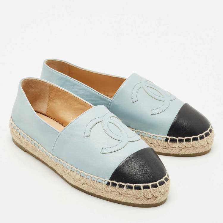 Pre Owned Chanel Blue/Black Leather CC Cap Toe Espadrille Flats Size 36