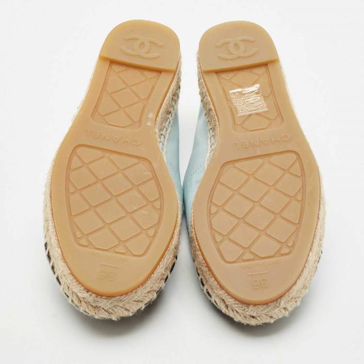 Pre Owned Chanel Blue/Black Leather CC Cap Toe Espadrille Flats Size 36