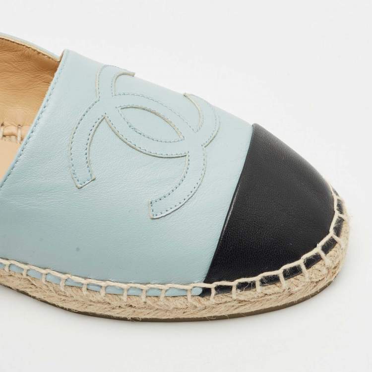 Pre Owned Chanel Blue/Black Leather CC Cap Toe Espadrille Flats Size 36