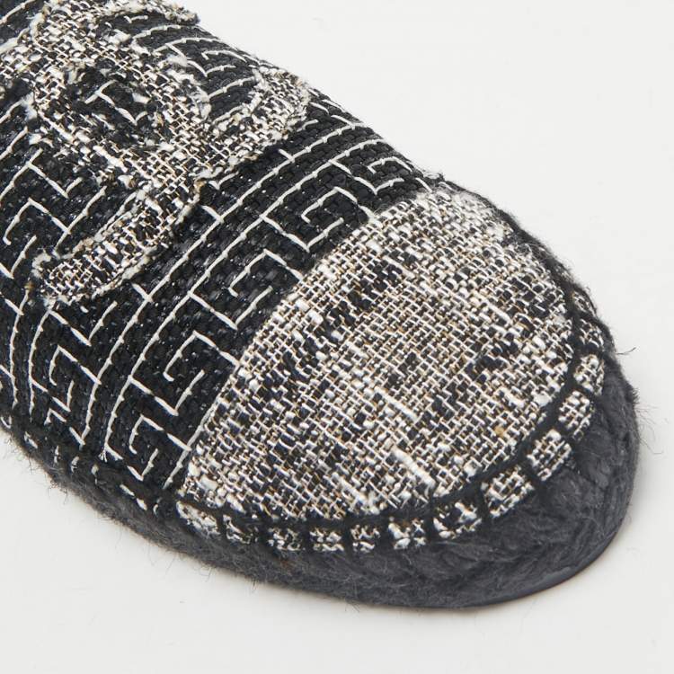 Pre Owned Chanel Black/White Tweed CC Espadrille Mules  Size 36