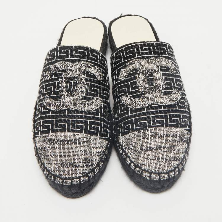 Pre Owned Chanel Black/White Tweed CC Espadrille Mules  Size 36