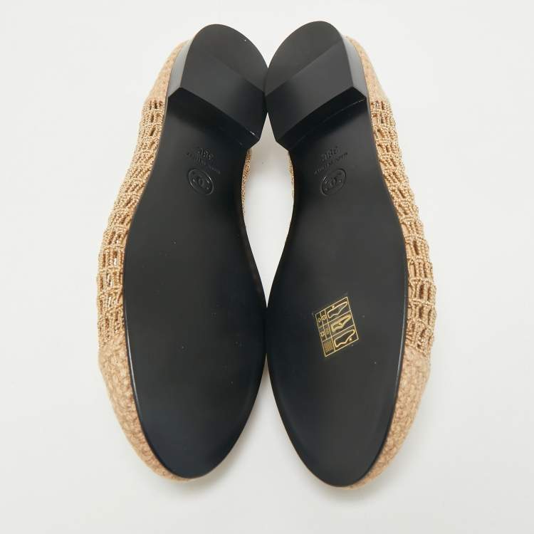 Pre Owned Chanel Beige Raffia CC Cap Toe Ballet Flats Size 38