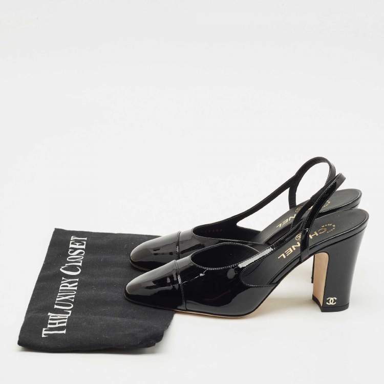 Pre Owned Chanel Black Patent Leather Cap Toe Slingback Pumps Size 39