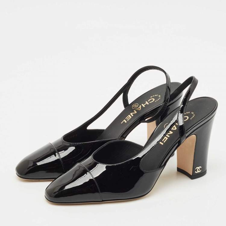 Pre Owned Chanel Black Patent Leather Cap Toe Slingback Pumps Size 39