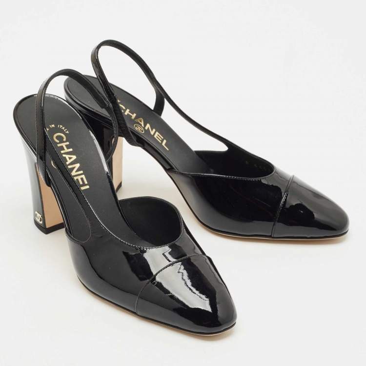 Pre Owned Chanel Black Patent Leather Cap Toe Slingback Pumps Size 39