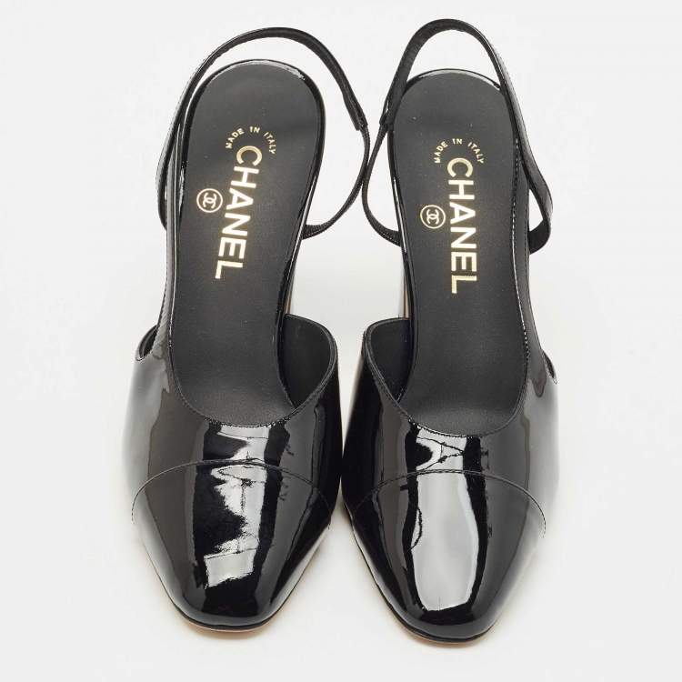 Pre Owned Chanel Black Patent Leather Cap Toe Slingback Pumps Size 39