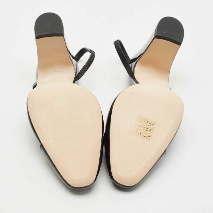 Pre Owned Chanel Black Patent Leather Cap Toe Slingback Pumps Size 39