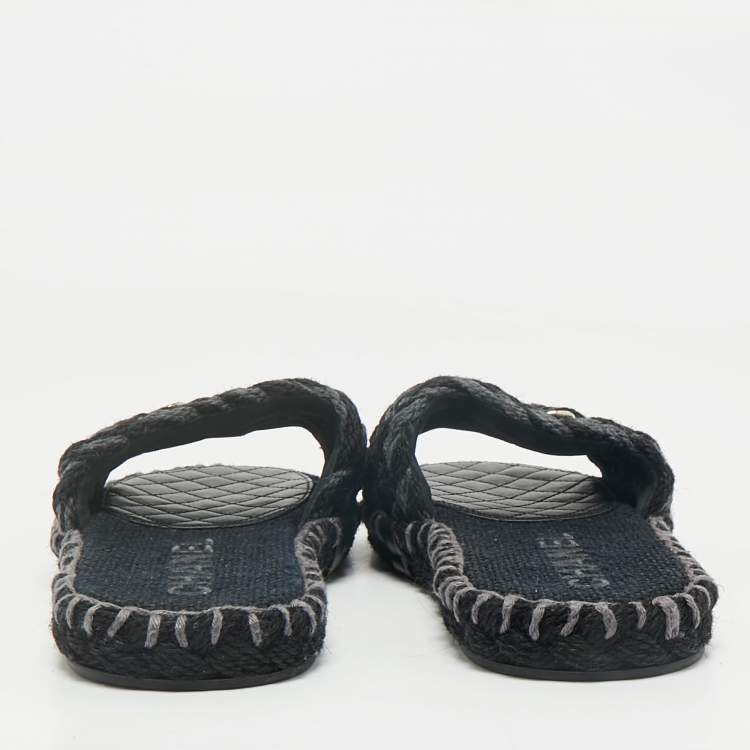 Pre Owned Chanel Two Tone Tweed Interlocking CC logo Flat Slides Size 41