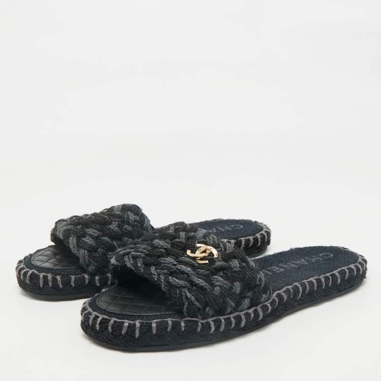 Pre Owned Chanel Two Tone Tweed Interlocking CC logo Flat Slides Size 41