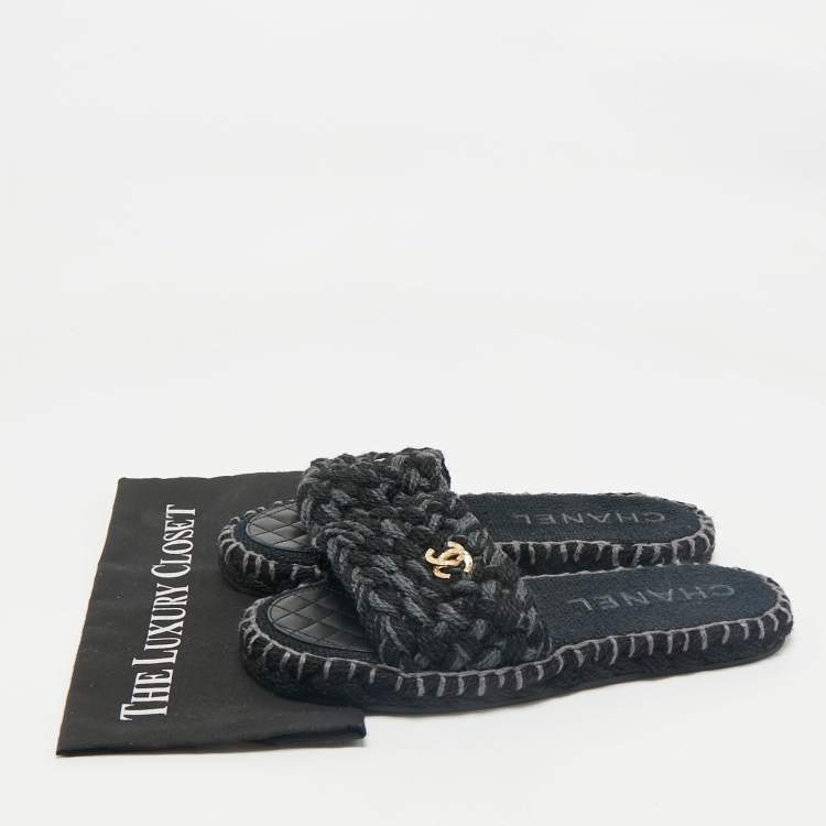 Pre Owned Chanel Two Tone Tweed Interlocking CC logo Flat Slides Size 41