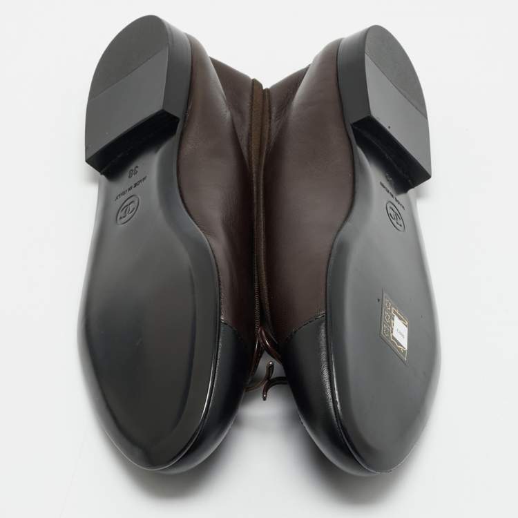Pre Owned Chanel Black/Brown Leather CC Cap Toe Bow Ballet Flats Size 38