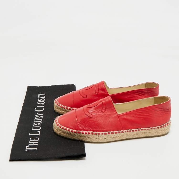 Pre Owned Chanel Red Leather CC Logo Espadrilles Size 37
