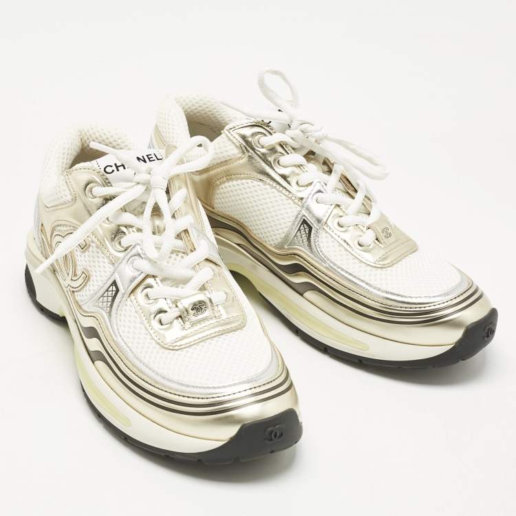 Pre Owned Chanel Tricolor Suede, Leather and Mesh CC Low Top Sneakers Size 38