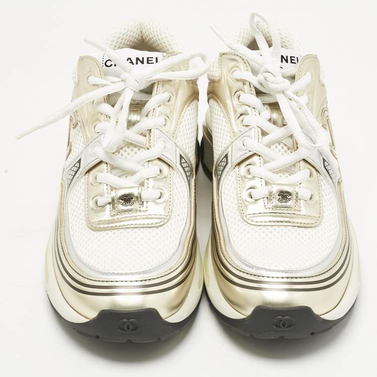 Pre Owned Chanel Tricolor Suede, Leather and Mesh CC Low Top Sneakers Size 38