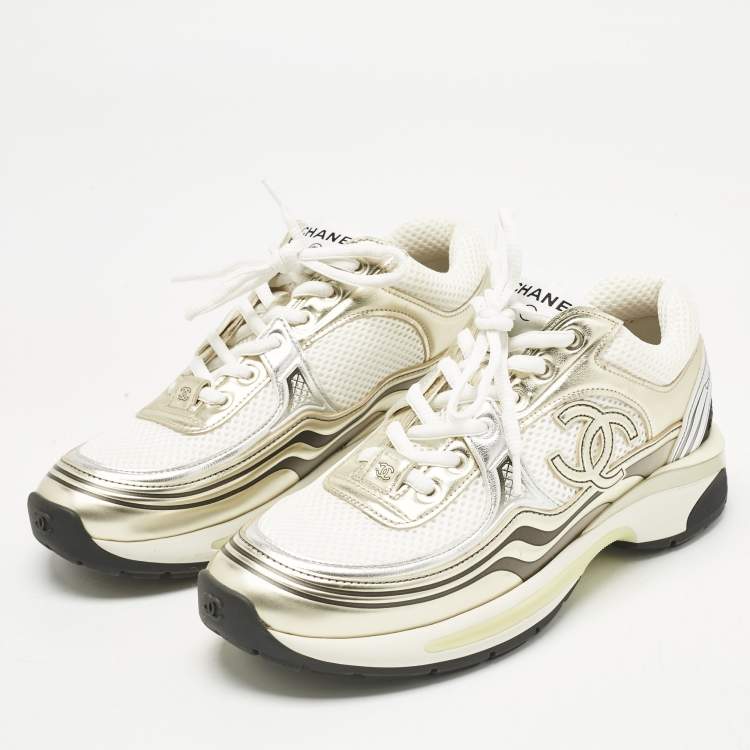 Pre Owned Chanel Tricolor Suede, Leather and Mesh CC Low Top Sneakers Size 38