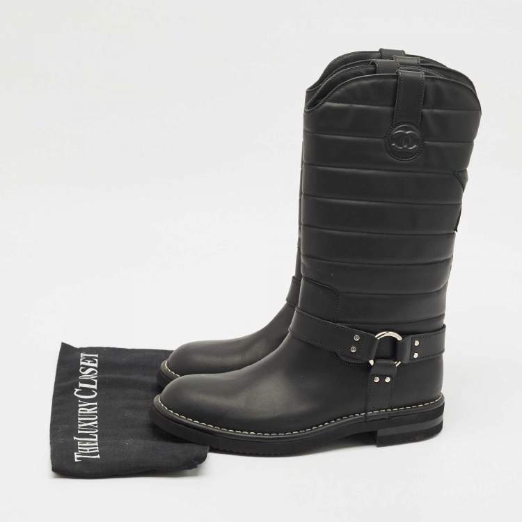 Pre Owned Chanel Black Nylon and Leather CC Logo Star Biker Boots Size 40