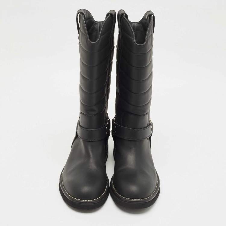 Pre Owned Chanel Black Nylon and Leather CC Logo Star Biker Boots Size 40