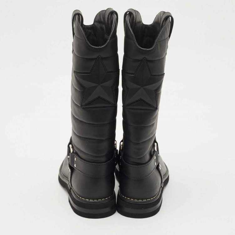 Pre Owned Chanel Black Nylon and Leather CC Logo Star Biker Boots Size 40
