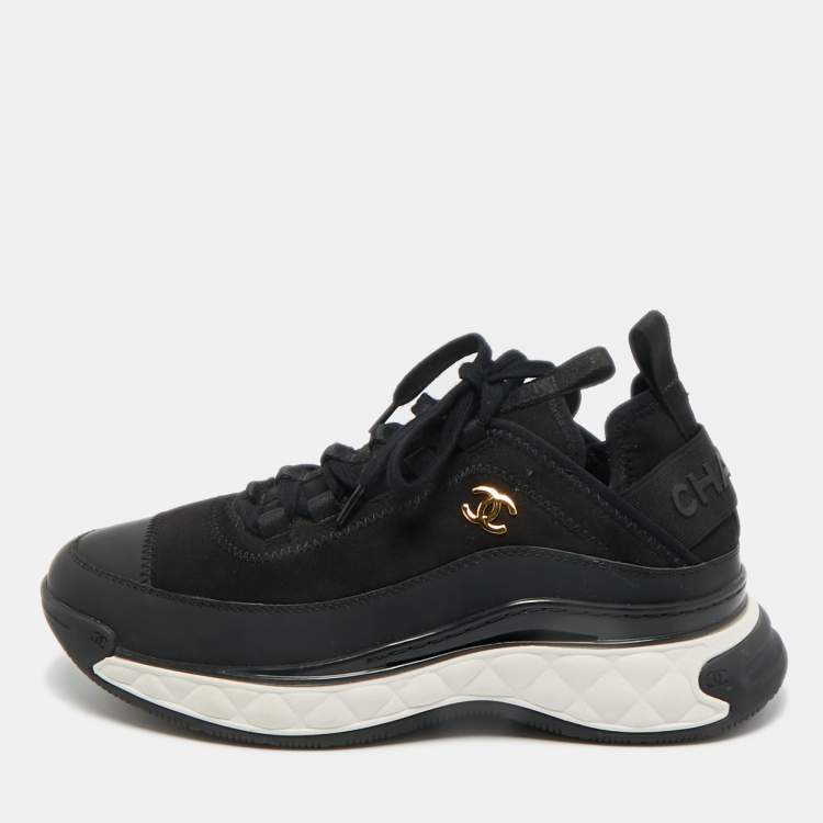 Pre Owned Chanel Black Fabric and Leather CC Low Top Sneakers Size 38