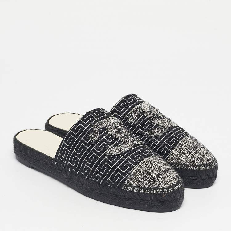 Pre Owned Chanel Black/White Tweed CC Espadrille Mules  Size 36