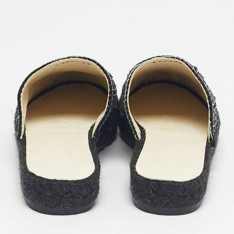 Pre Owned Chanel Black/White Tweed CC Espadrille Mules  Size 36